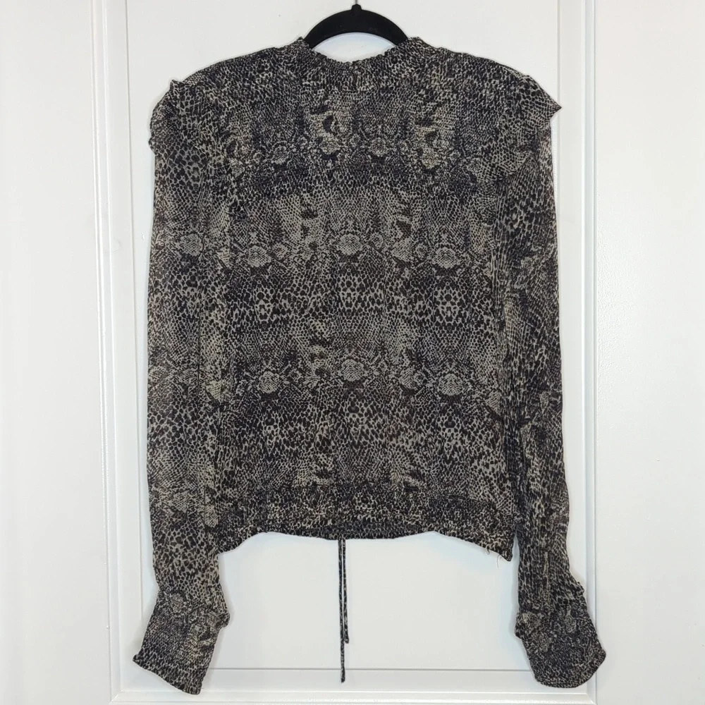 Free People Roma Crepe Blouse Snakeskin Print Gray Long Sleeve Ruffle XS